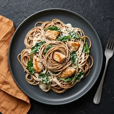 Spaghetti z kurczakiem i szpinakiem w sosie serowym