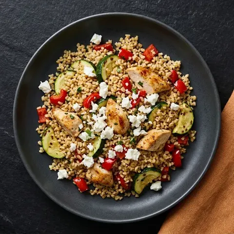 Kasza bulgur z kurczakiem, warzywami i fetą (meal prep)