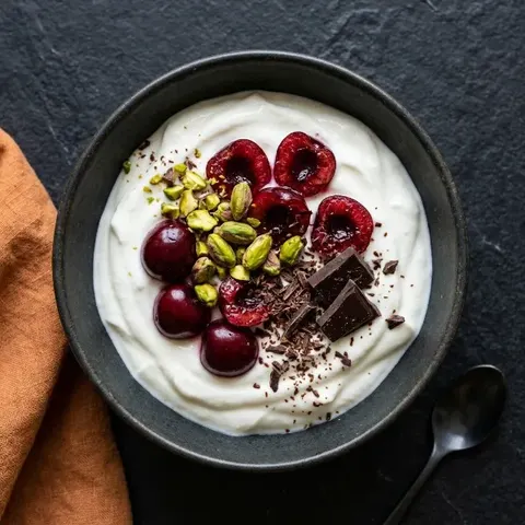 Skyr z pistacjami, wiśniami i gorzką czekoladą