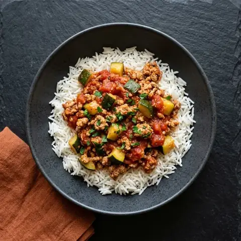 Miska z indykiem, cukinią i ryżem basmati