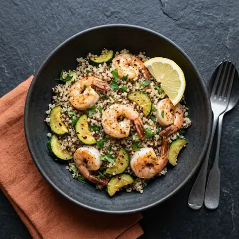 Quinoa z krewetkami i cukinią