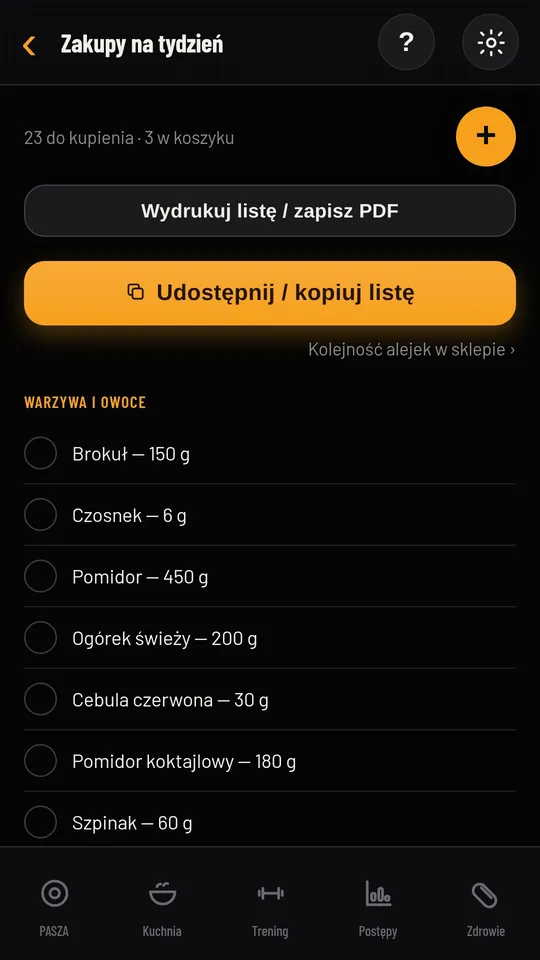Lista zakupów w PASZY ułożona alejkami
